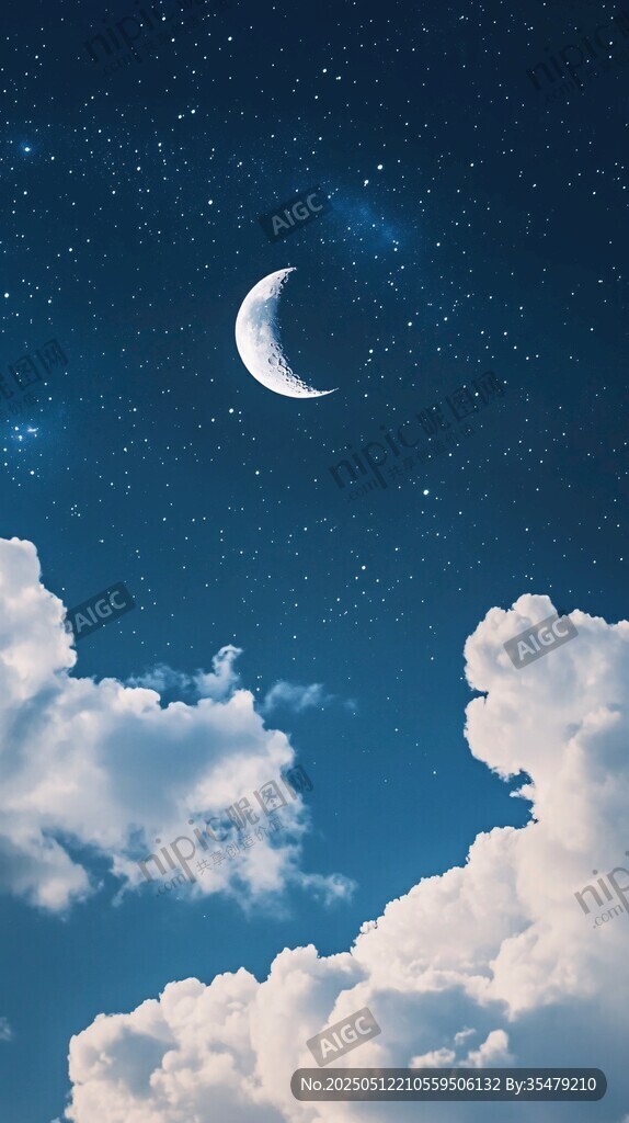 夜空新月与云朵的梦幻图景