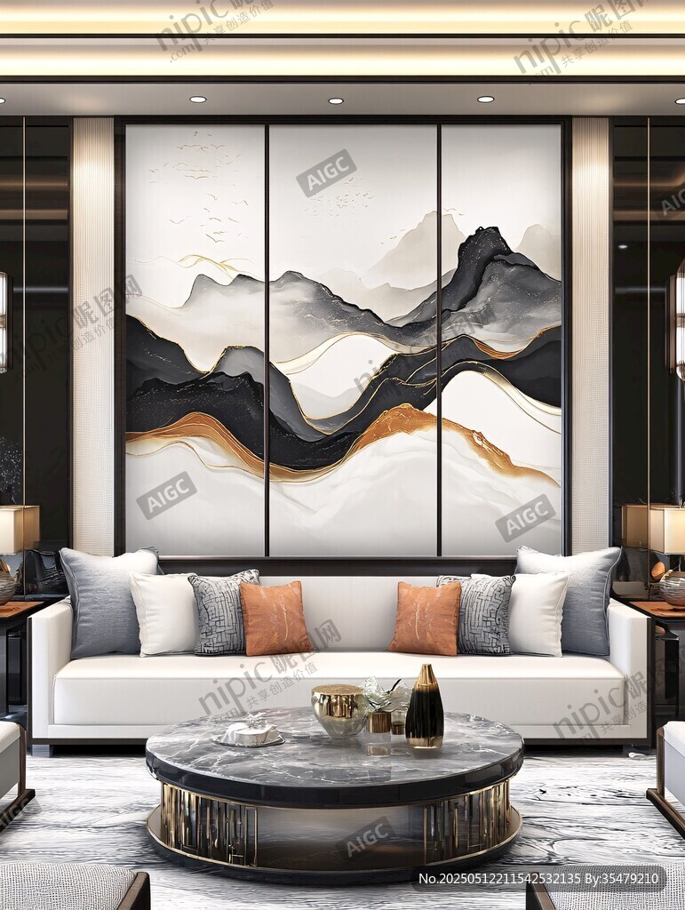 现代中式客厅 山水壁画沙发