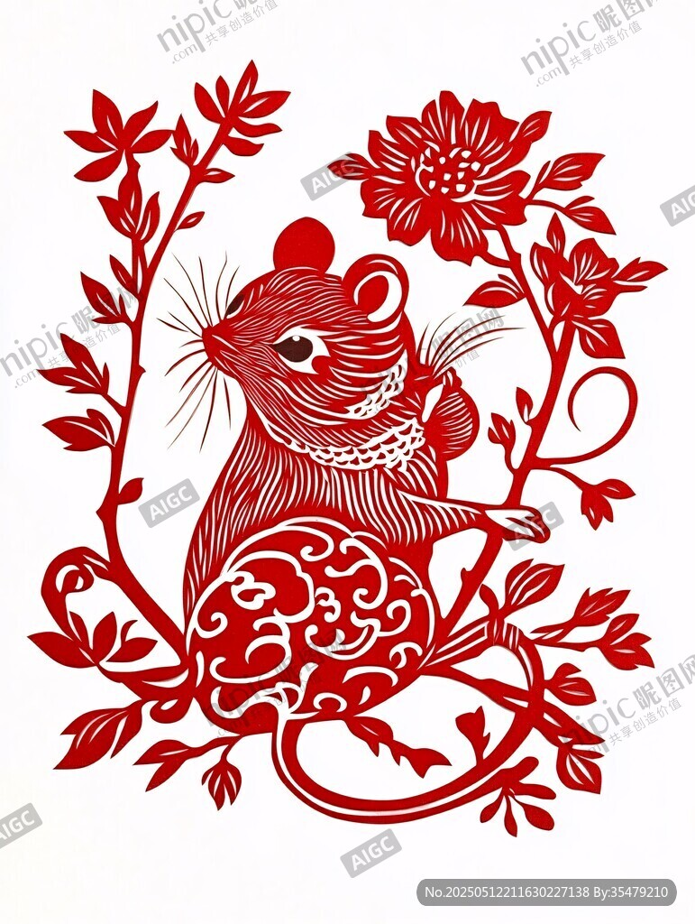 鼠年剪纸艺术花朵环绕鼠