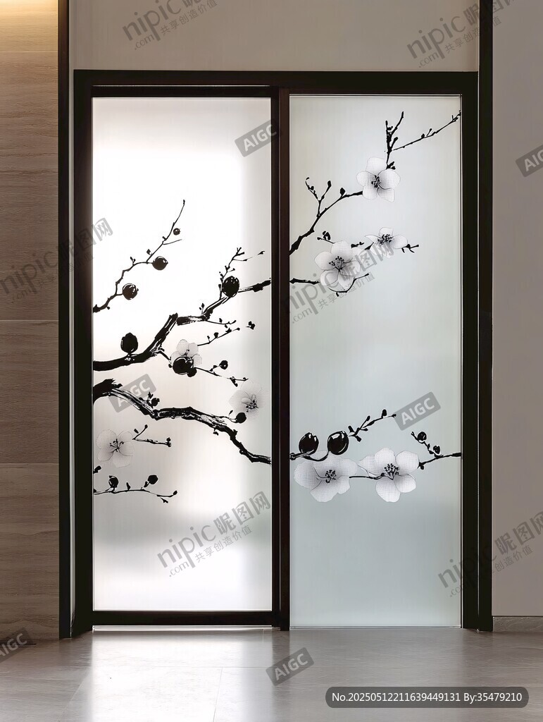 中式梅花图案玻璃推拉门