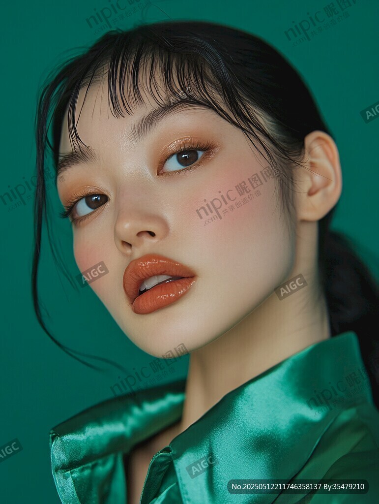 绿衣少女的精致美妆特写