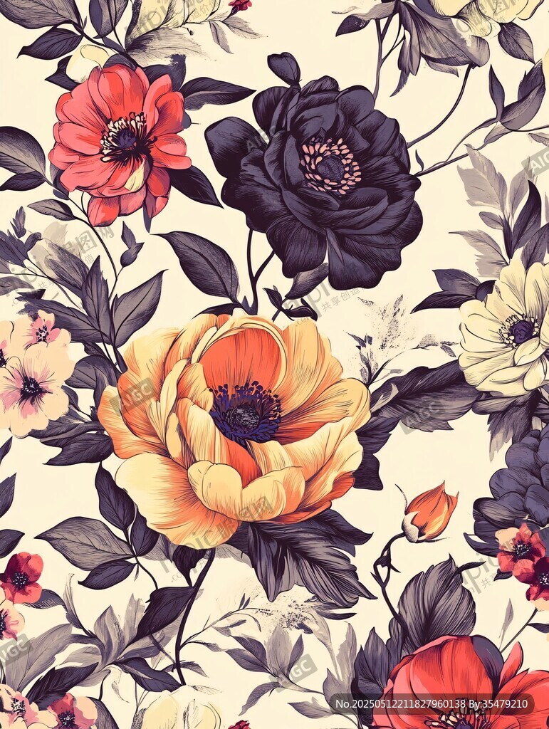 复古花卉图案精美插画