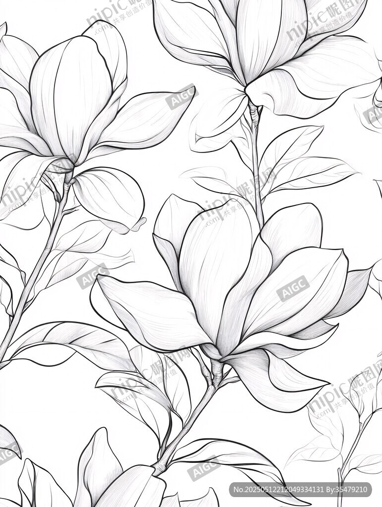 玉兰花线描图案设计素材