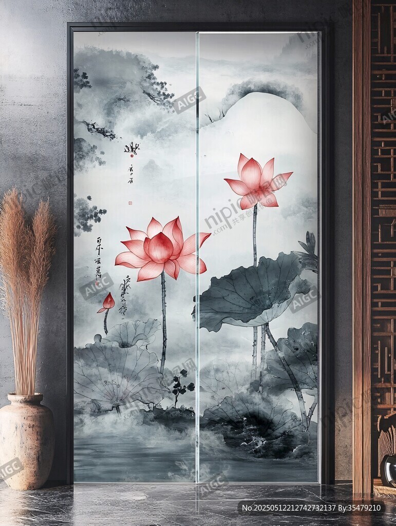 中式水墨荷花屏风画