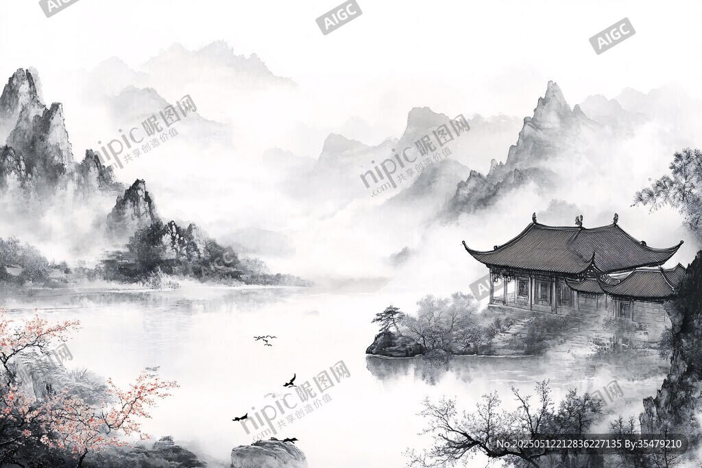 水墨山水间的古韵楼阁