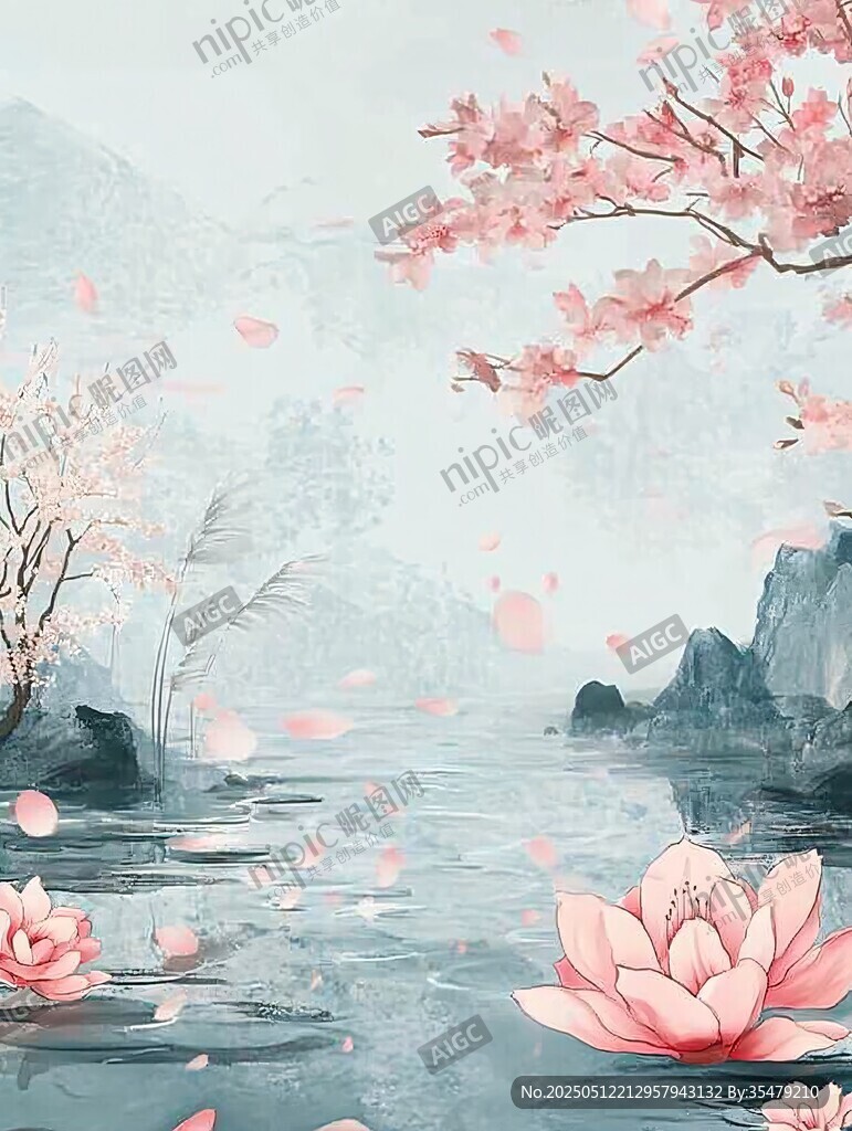 水墨樱花山水诗意美景