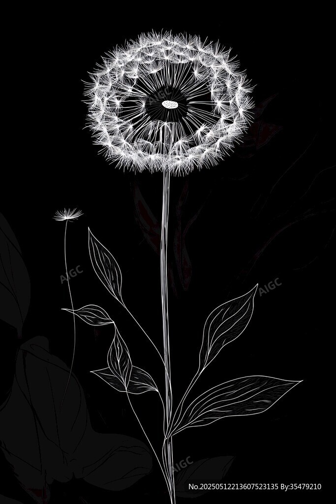 黑白蒲公英线条插画