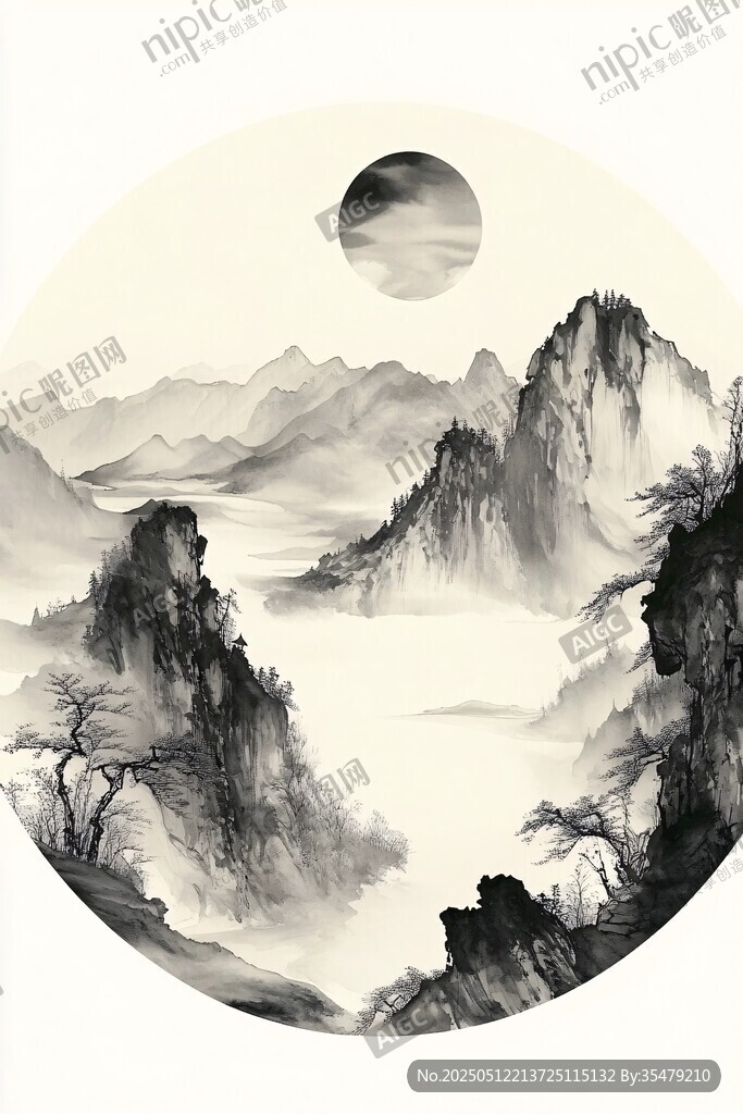 水墨山水间的月夜景致