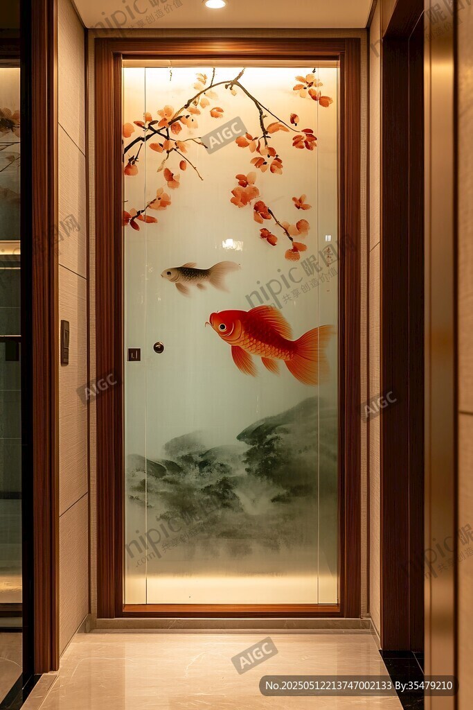 中式玄关玻璃门鱼景装饰