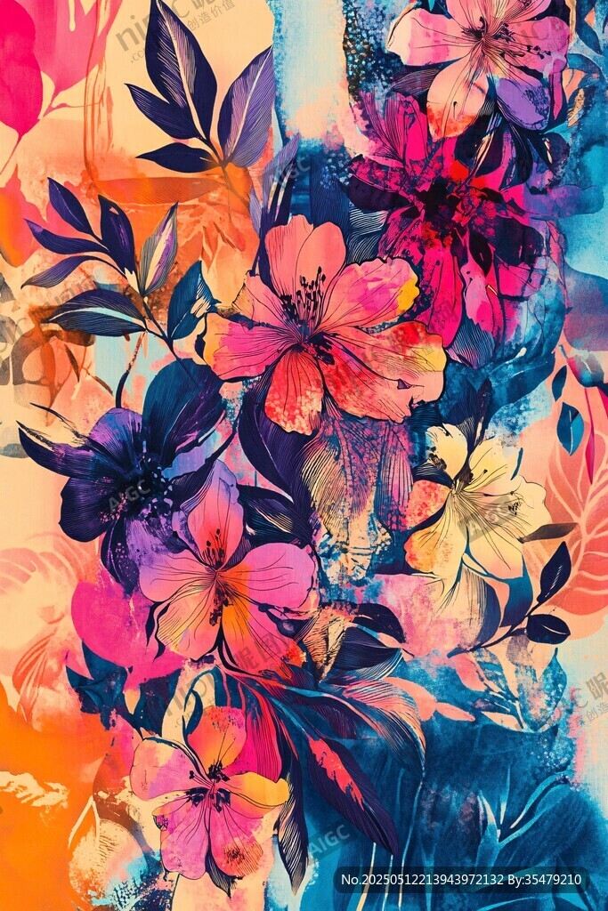 绚丽多彩花卉水彩画图案