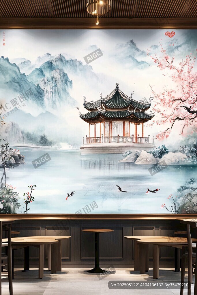 中式山水壁画下的雅致空间