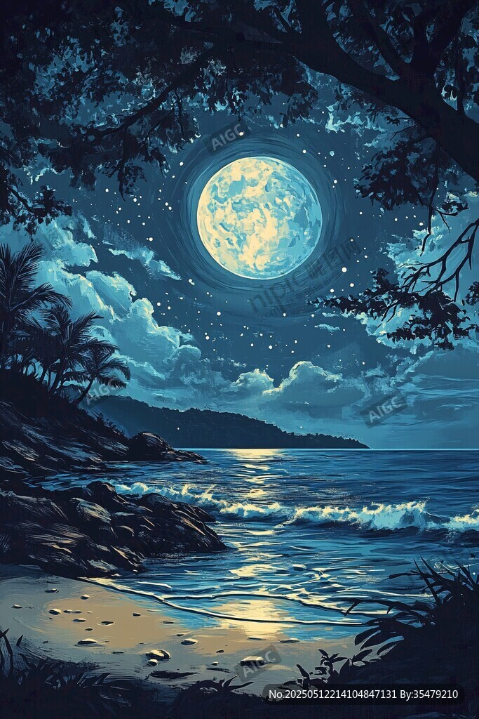 月夜下的静谧海边景色