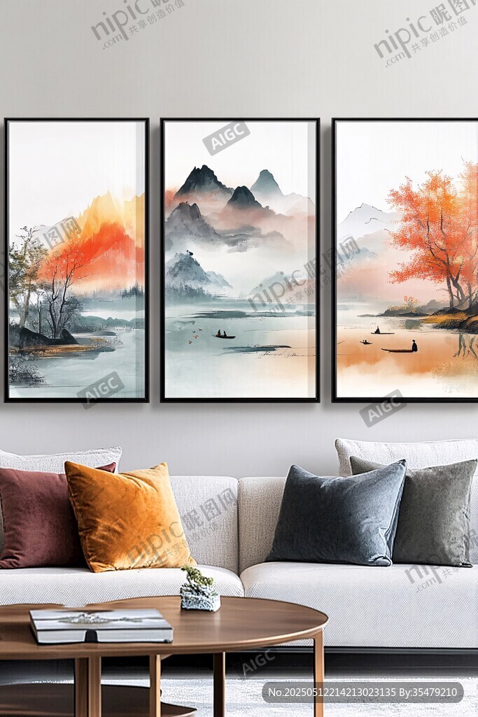 三联水墨山水客厅装饰画
