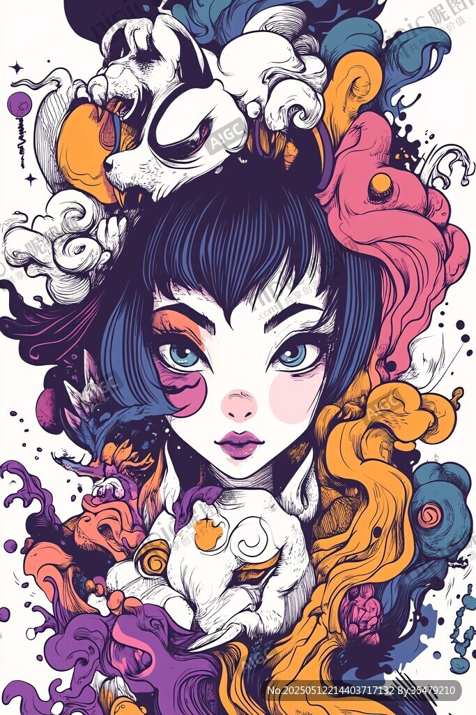 奇幻少女与萌兔梦幻插画