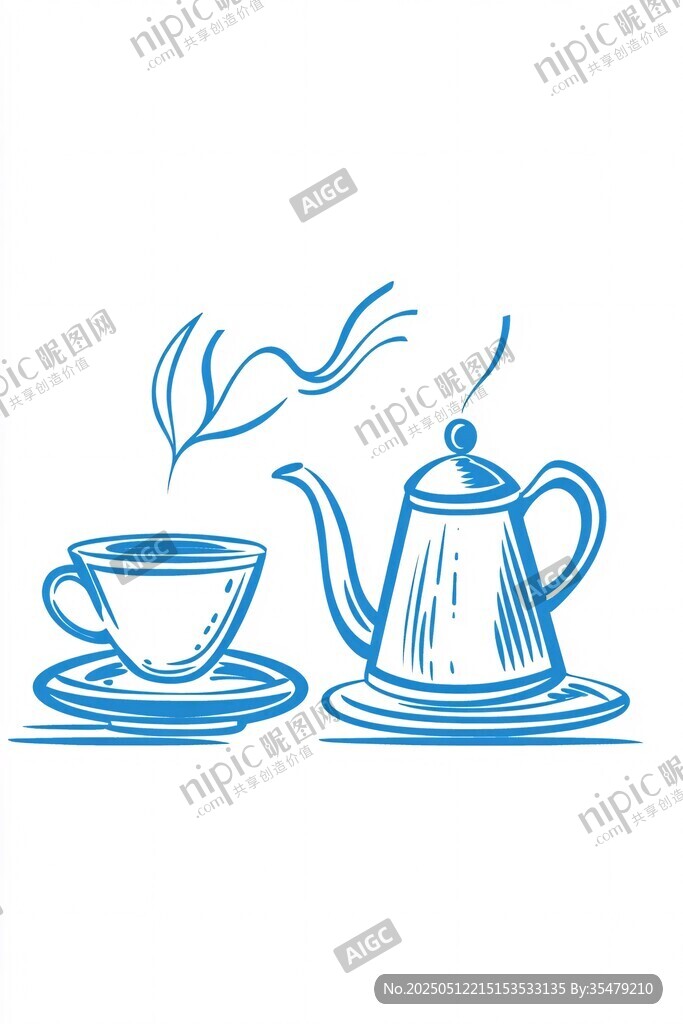 手绘蓝调茶壶与茶杯