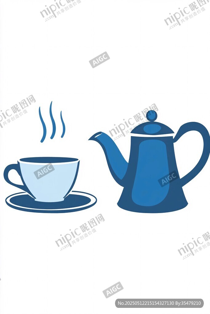 蓝色茶壶与热气腾腾茶杯