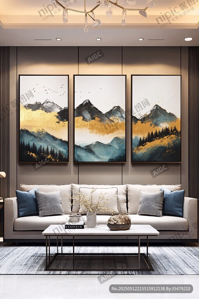 新中式客厅三联山水装饰画