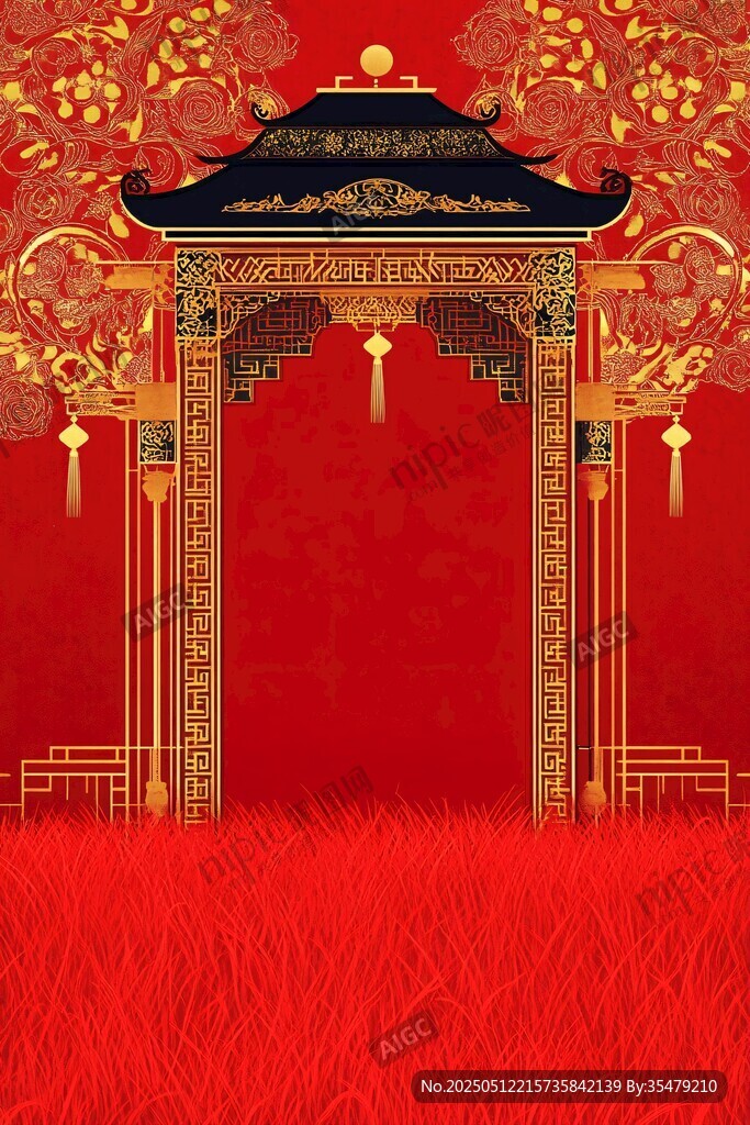 中式喜庆红金拱门背景图