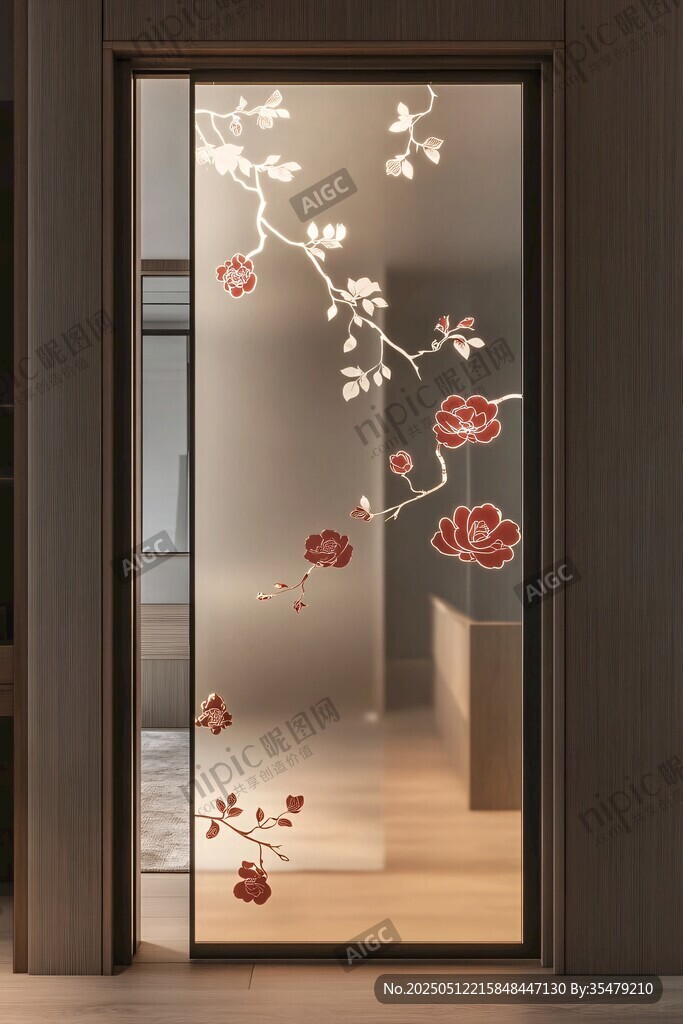 中式繁花磨砂玻璃门