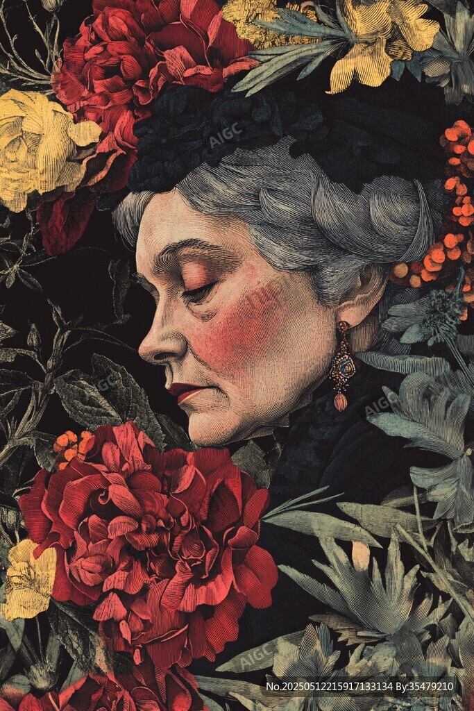 花卉环绕的优雅老年女性