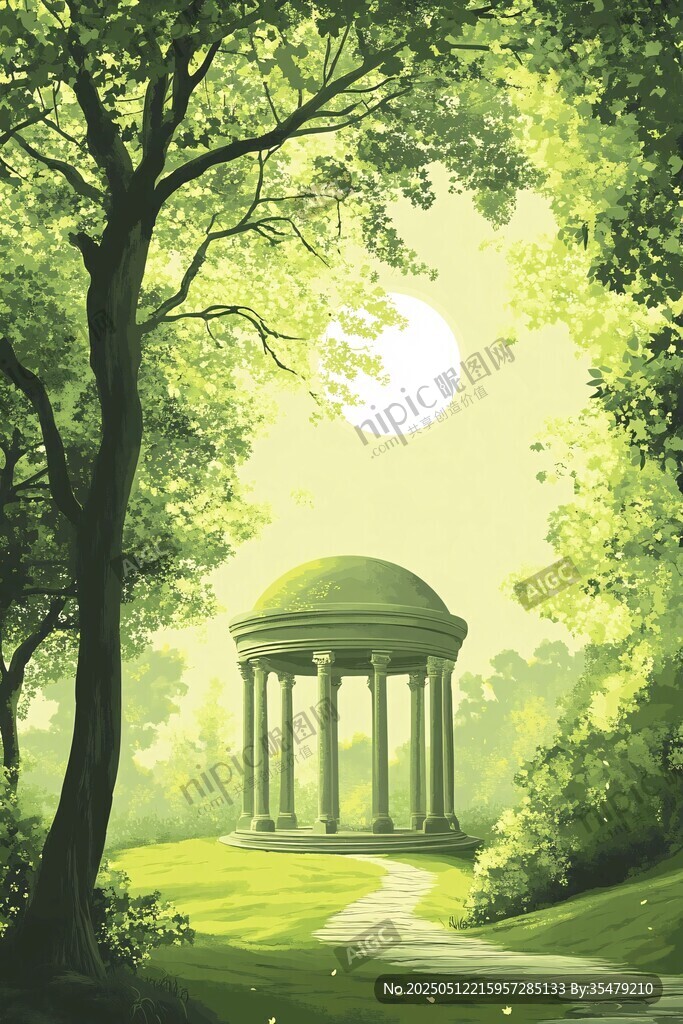 梦幻林间的古典凉亭美景