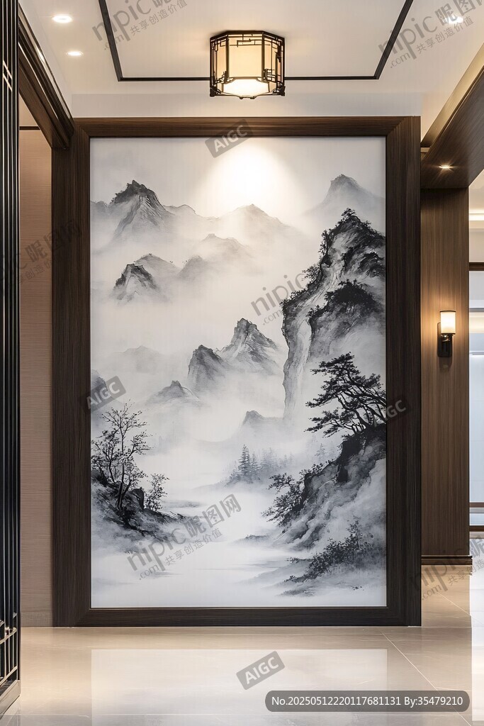中式玄关山水壁画意境美