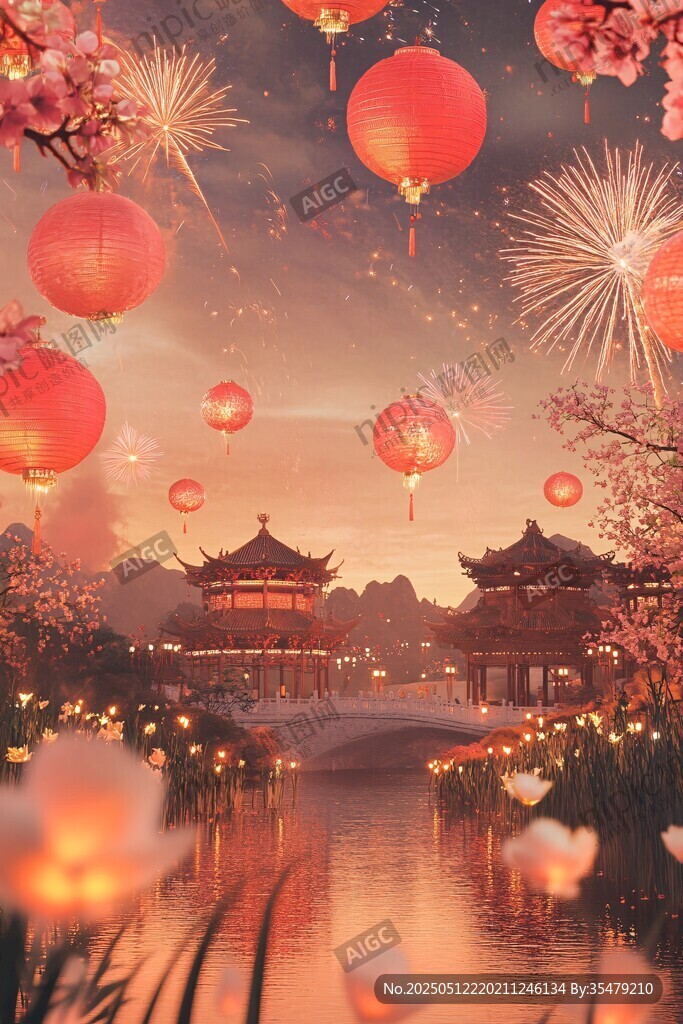 中式夜景 灯笼烟花映古建