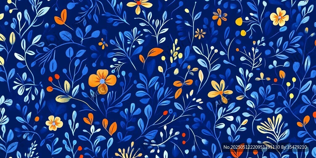 蓝色花卉植物无缝图案