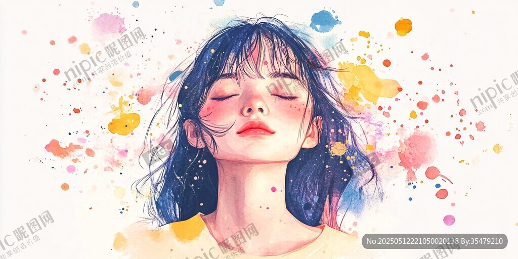 梦幻水彩风闭眼的灵动少女