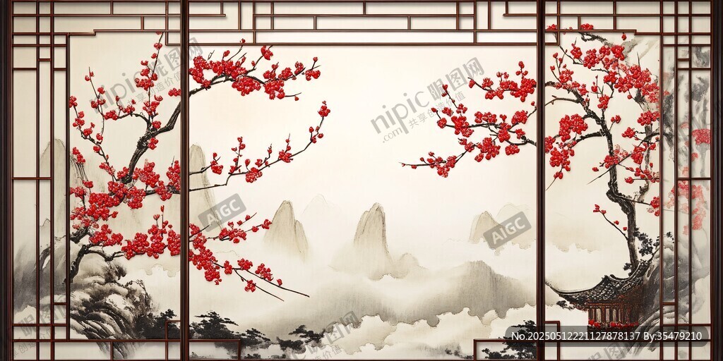 中式屏风上的红梅山水图