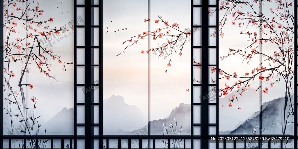 窗景映红梅远山诗意浓