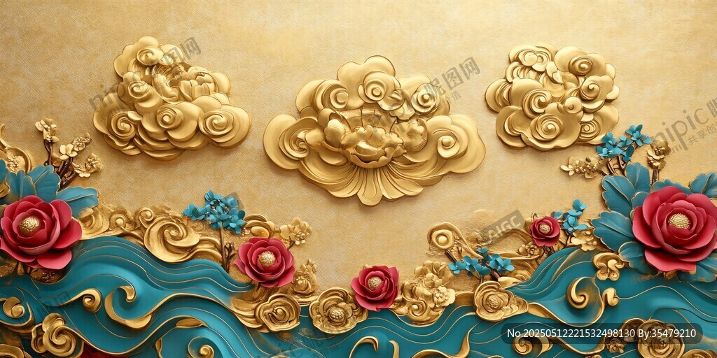 中式浮雕 云花海浪艺术饰纹