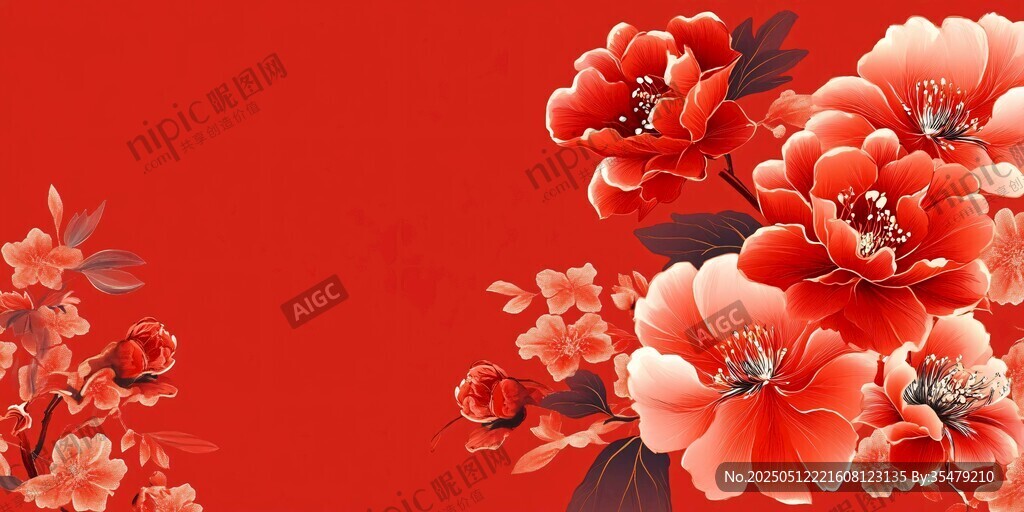红色背景上的艳丽牡丹花