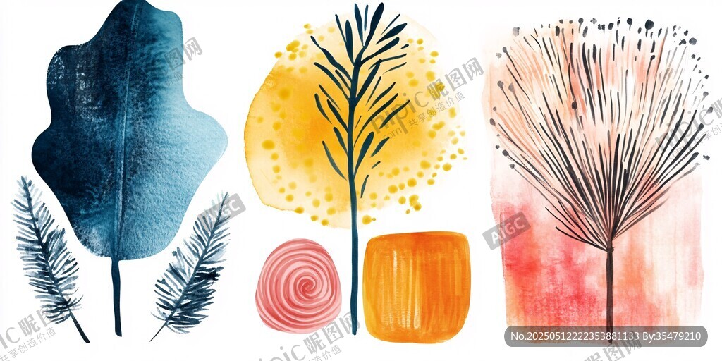 水彩风植物与几何图形插画