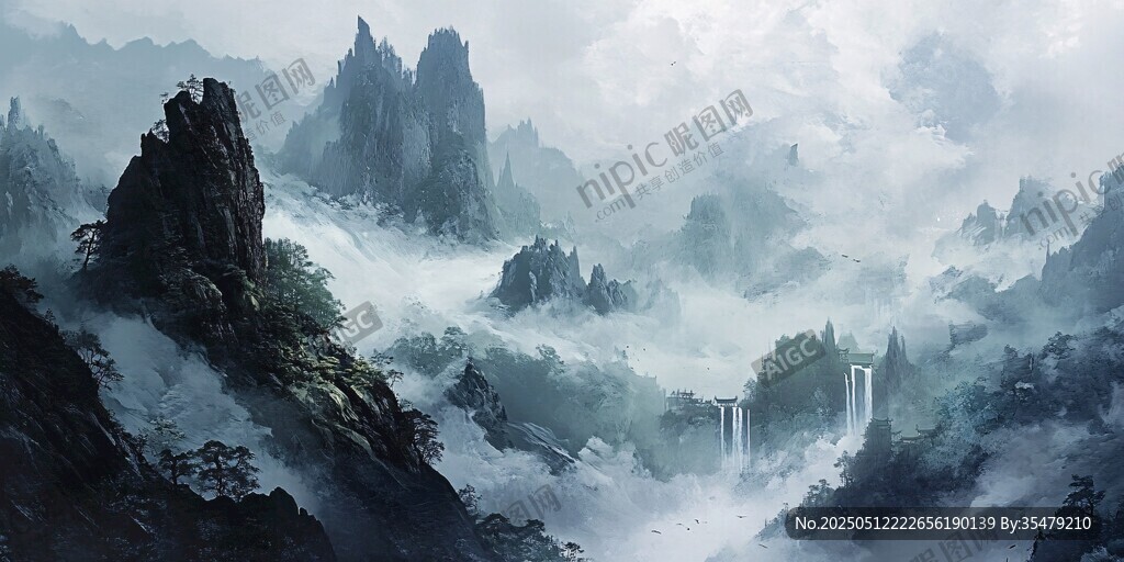 水墨仙山云雾间奇幻盛景