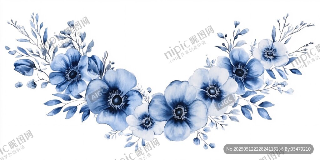 蓝白花卉花环图案设计