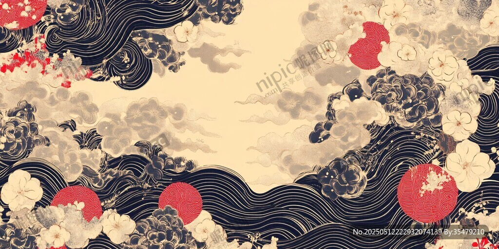 日式和风海浪花卉背景图
