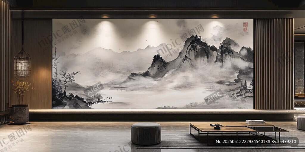 中式客厅水墨山水壁画装饰