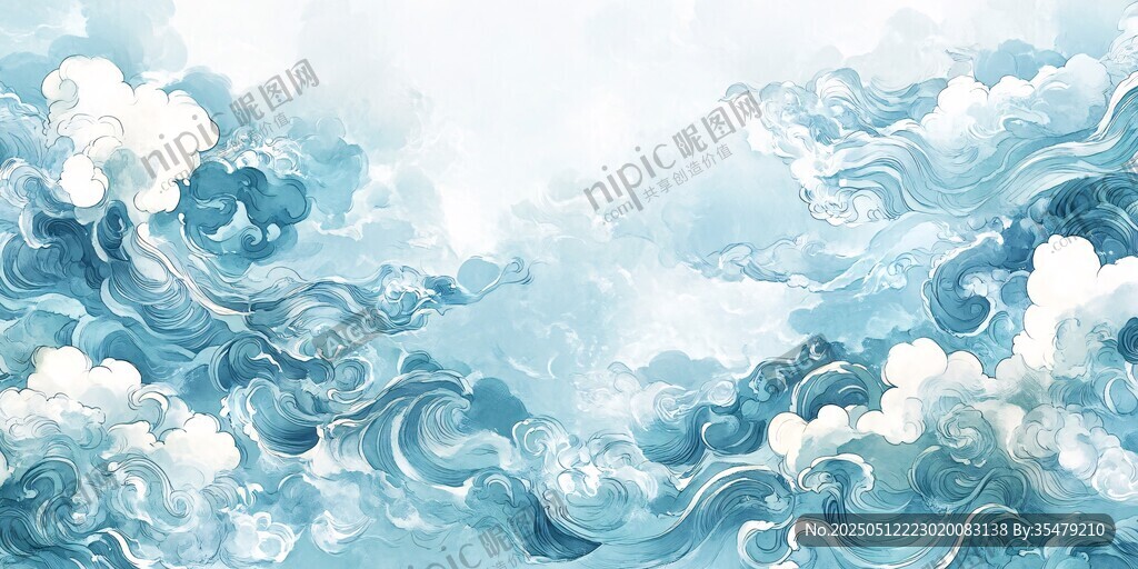 梦幻蓝白云海中式风背景