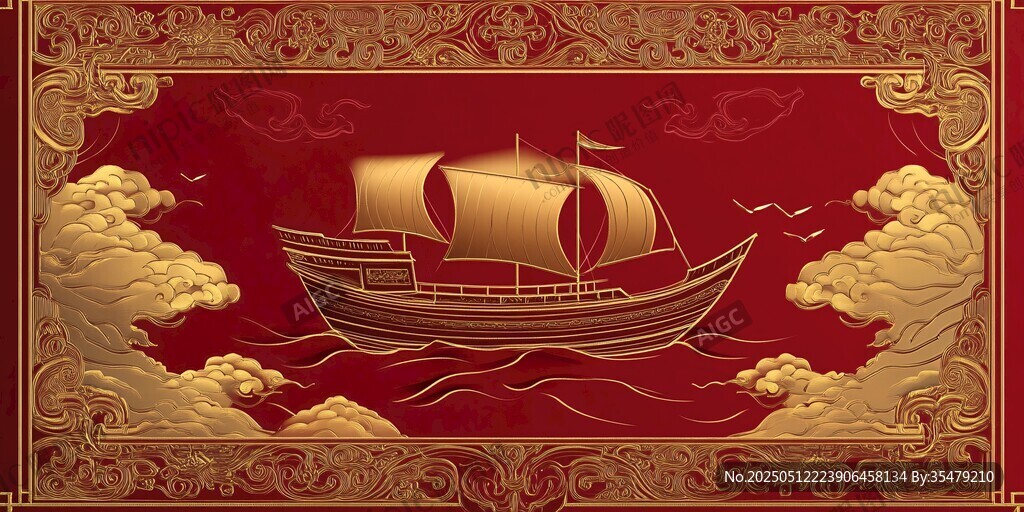 中式金红航海帆船装饰图