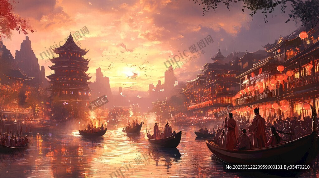 夕阳下的古风河畔繁华景象