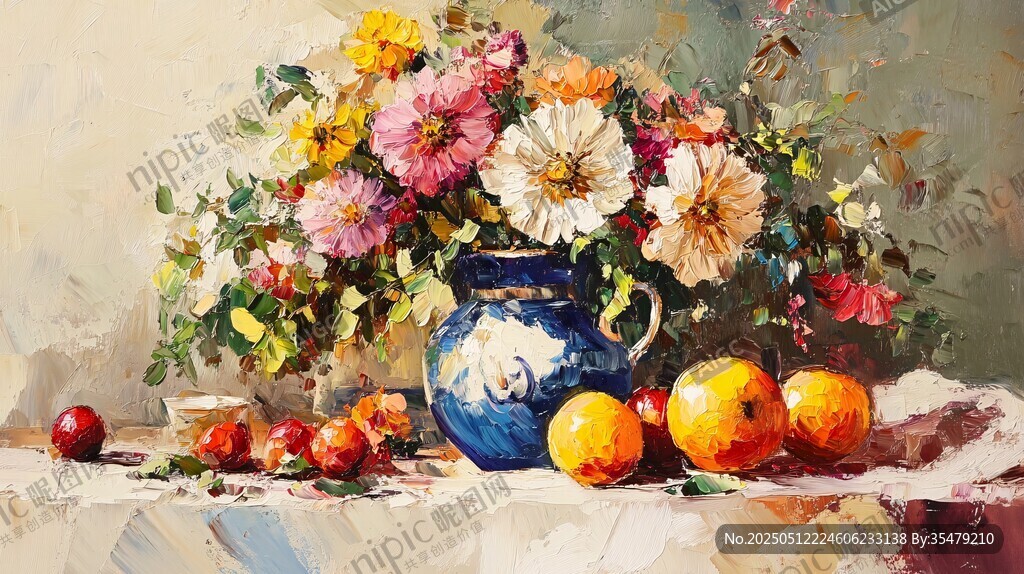 蓝瓶花卉与鲜果静物画