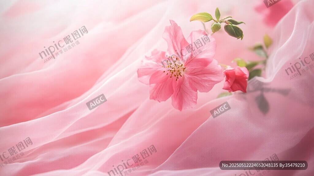 粉色柔纱上的娇艳花朵