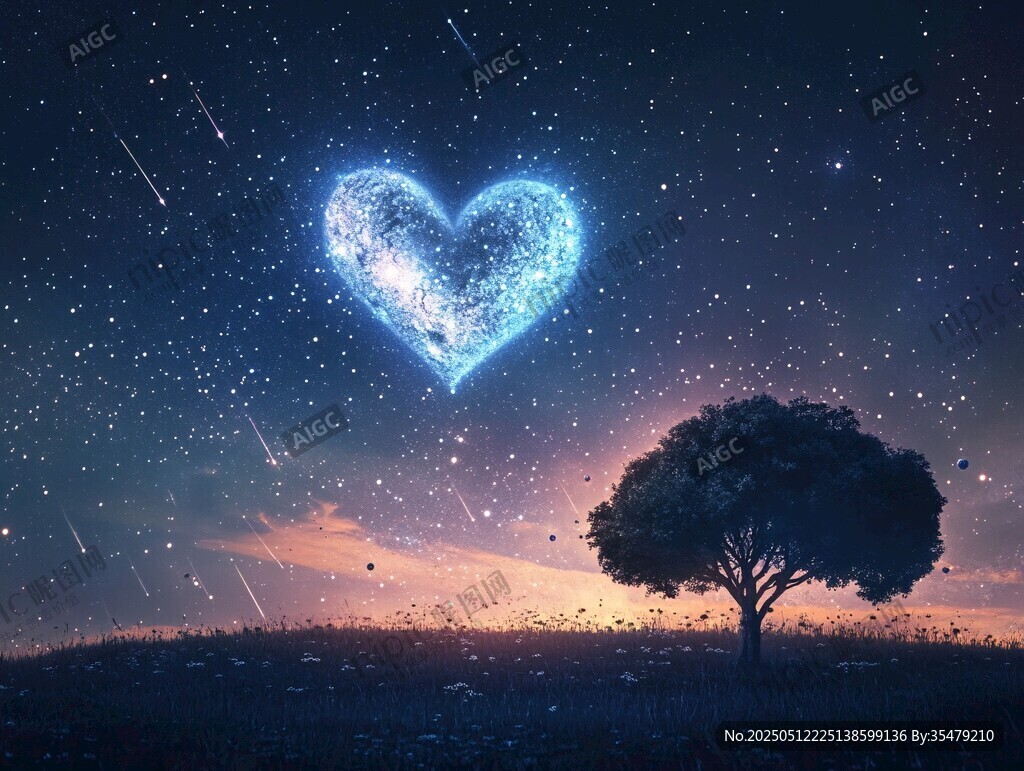 心型星空下的孤独树景