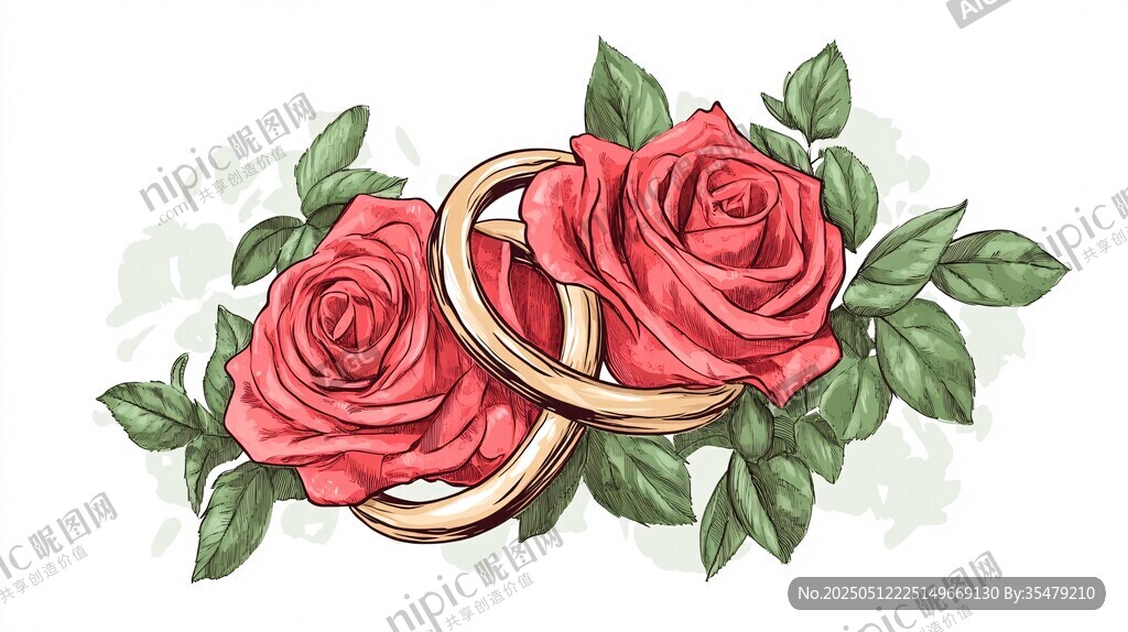 玫瑰与婚戒浪漫插画
