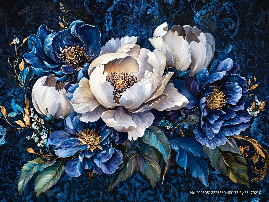 蓝白花卉华丽装饰画
