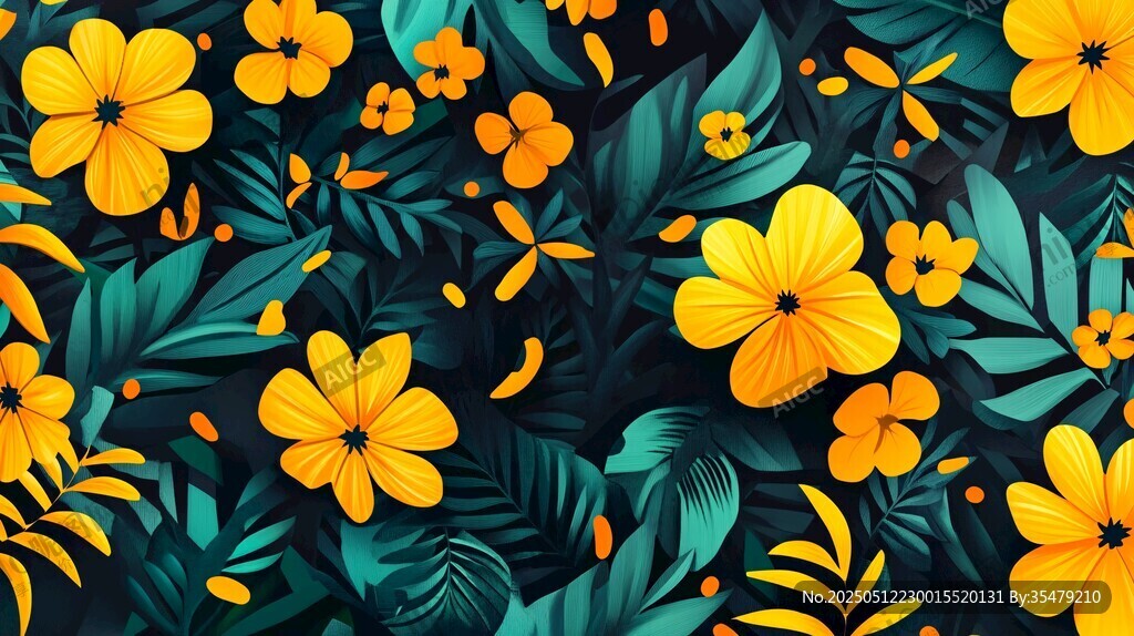 热带花卉绿植绚丽图案