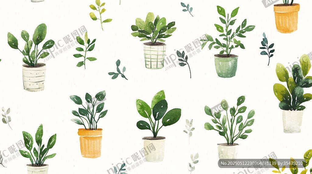 手绘清新盆栽植物无缝图案