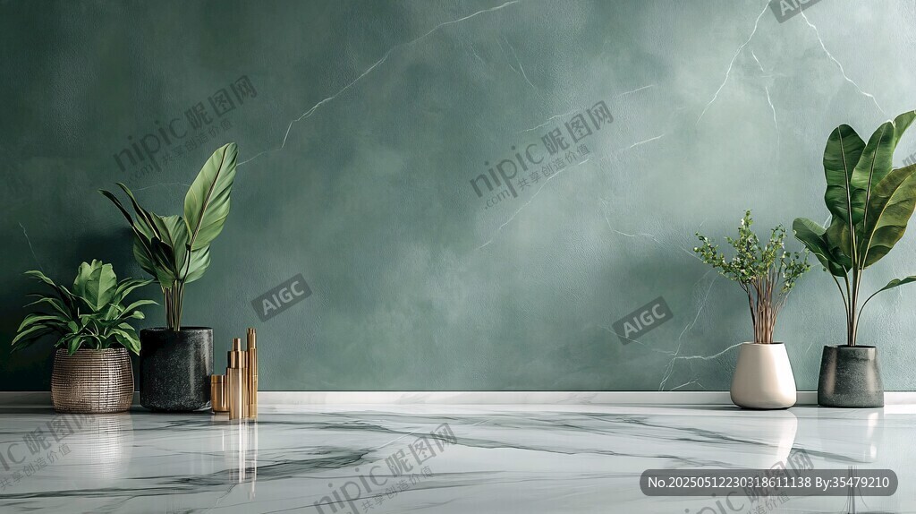 绿色墙面下的室内植物景观