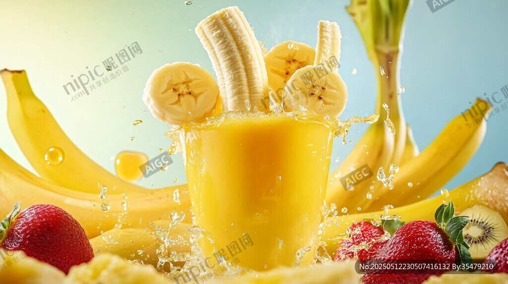 香蕉果汁飞溅的缤纷水果盛宴